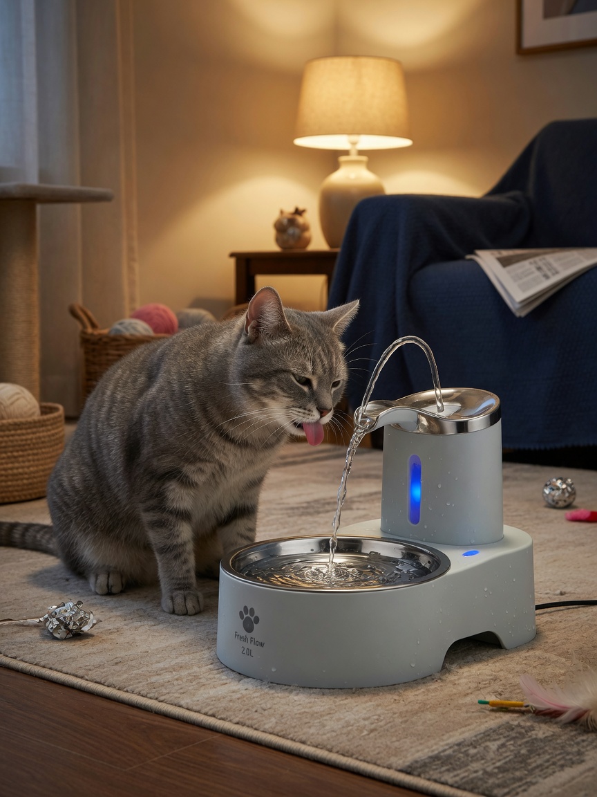 Tabby cat drinking from a compact pet water fountain