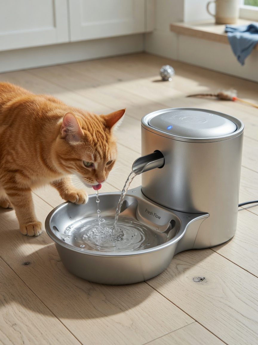 Ginger tabby drinking from a stainless steel pet water fountain